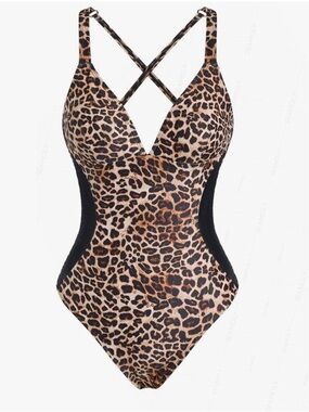 Leopard Criss Cross Lace Up Back Plunging Neck One-Piece Swimsuit Size Medium